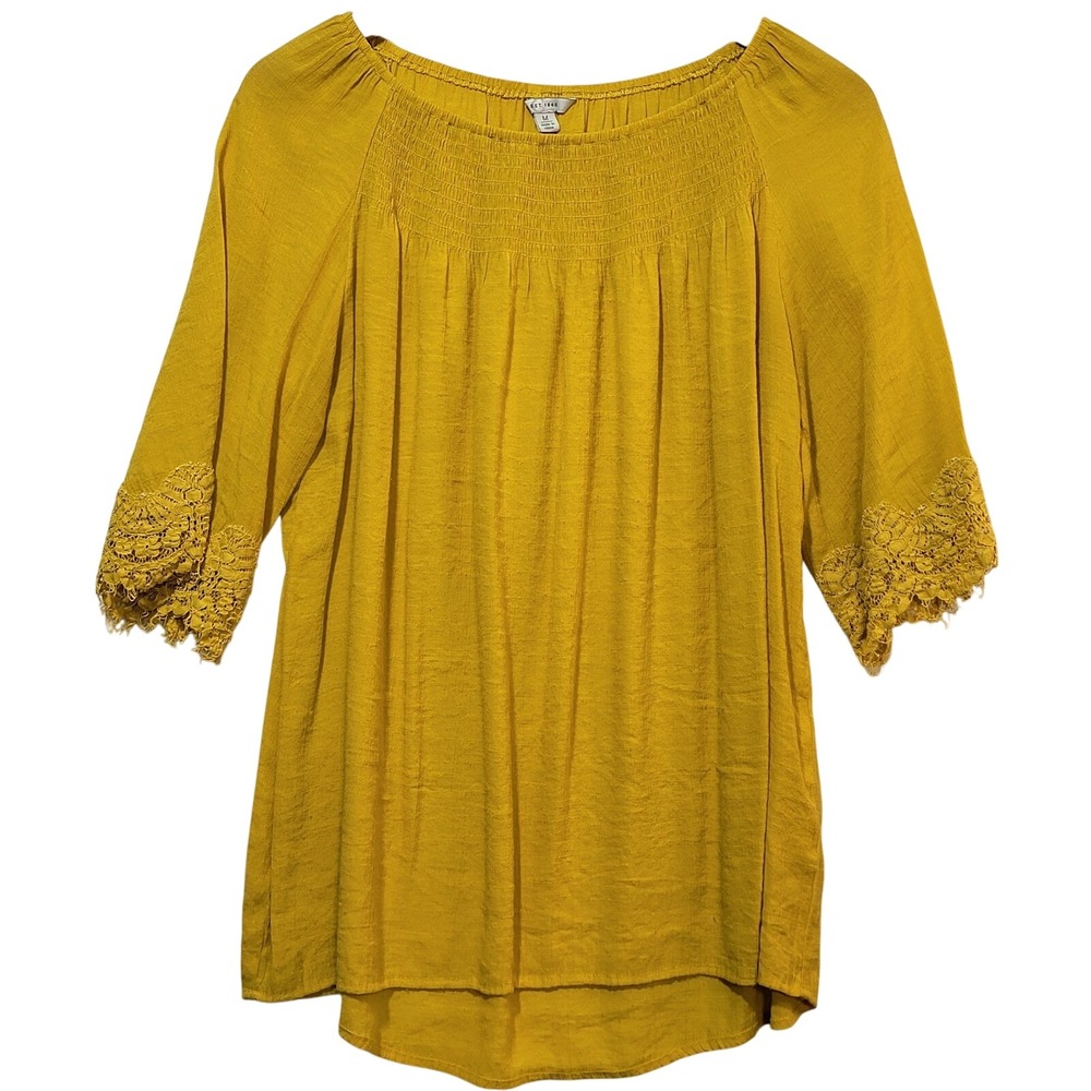 EST. 1946 Womens Mustard‎ Yellow Smocked Neck Lace Cuff Boho Blouse Medium